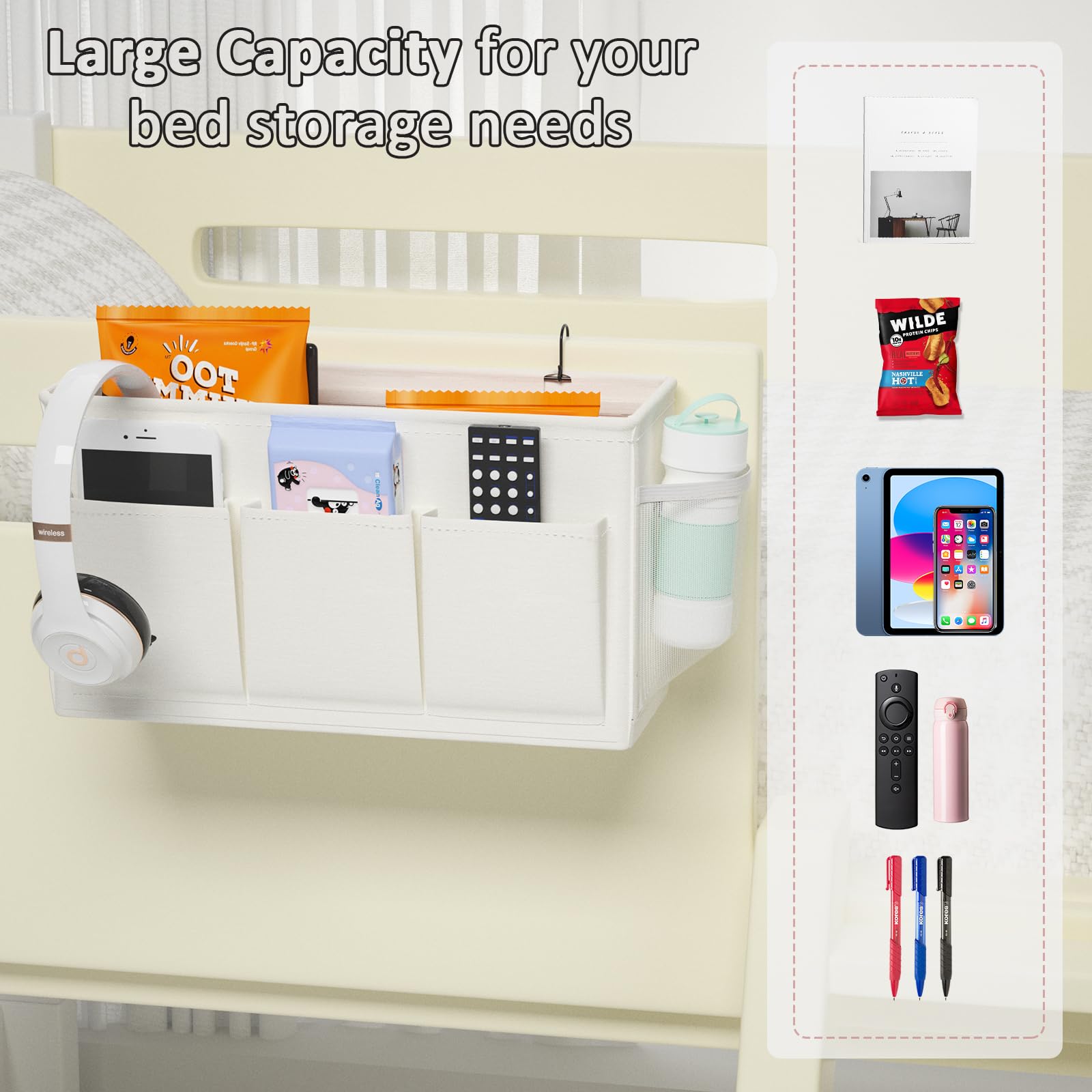 Bedside Caddy Storage Organizer for Bed Rails, Bed Caddy with 6 Pockets