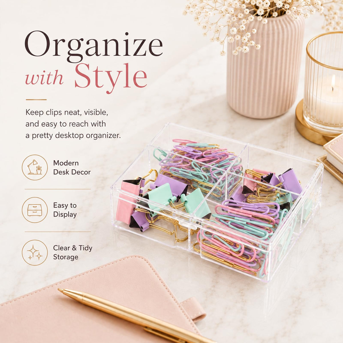 Creechwa Paper Clips and Binder Clips Set, Pastel Color, Assorted Size Clip
