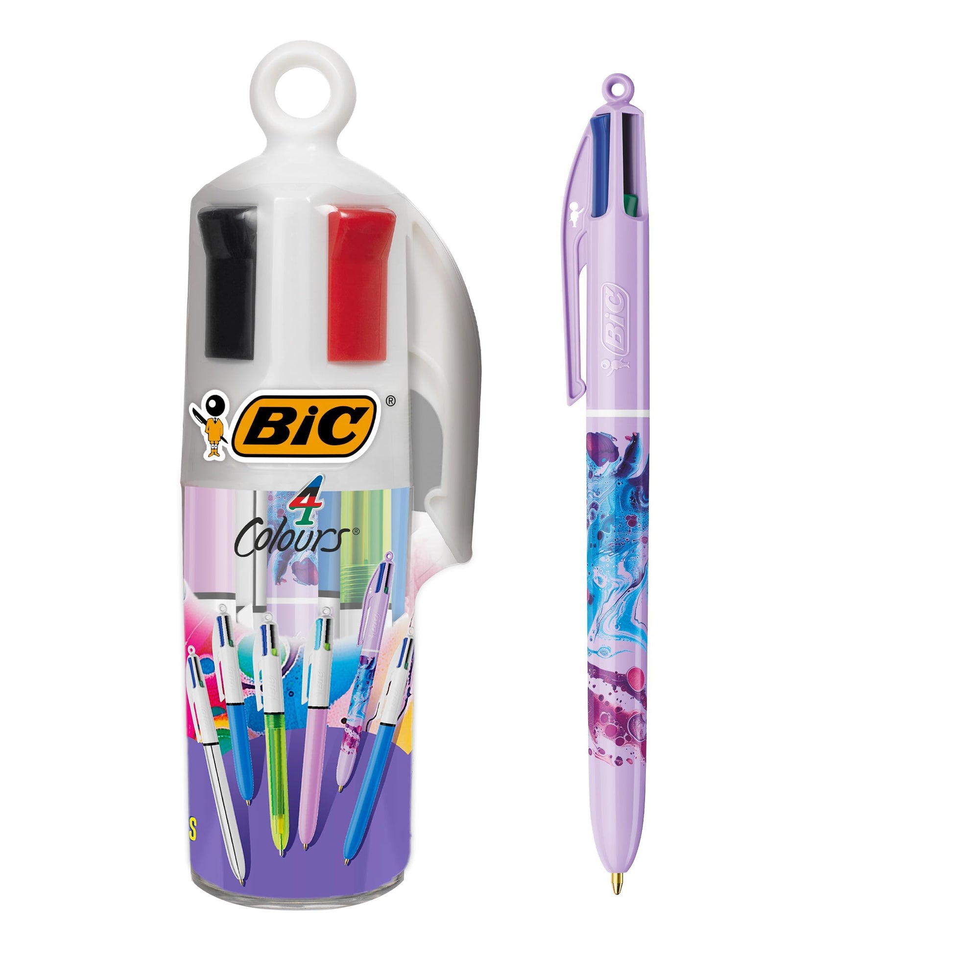 BIC 4 Colours Ballpoint Pens and Case - Set of 6 Pens and Decorative Pen Pot - Variety of Fun