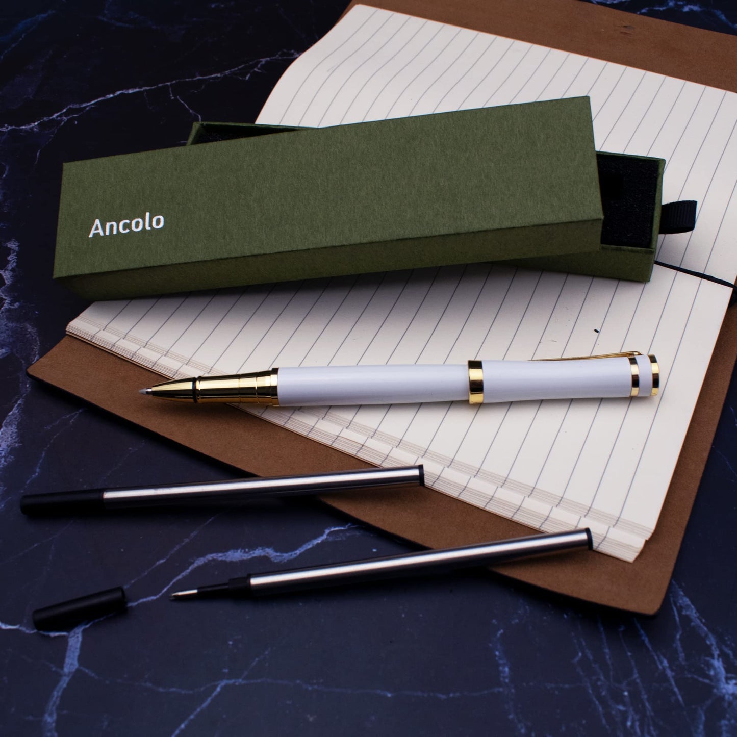 Ancolo Elegant Pen Set Black Rollerball Ink– Luxury Writing Pens For Men Or Women. Nice Pen Gift