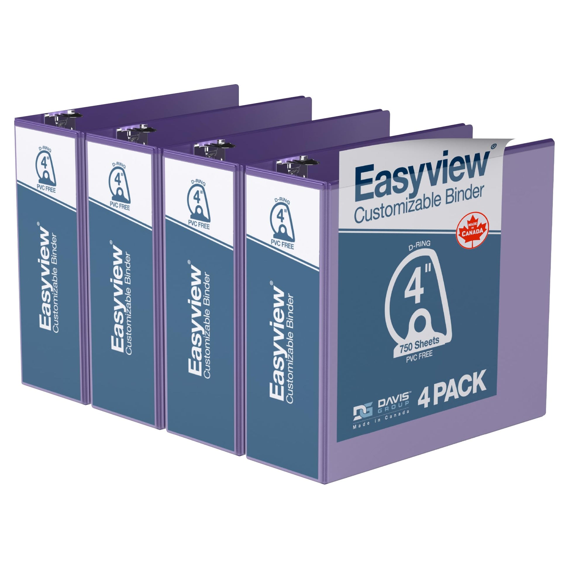 Easyview 3-Ring Binder, Clear-View Cover, 4" D Rings, Purple, 4 Pack