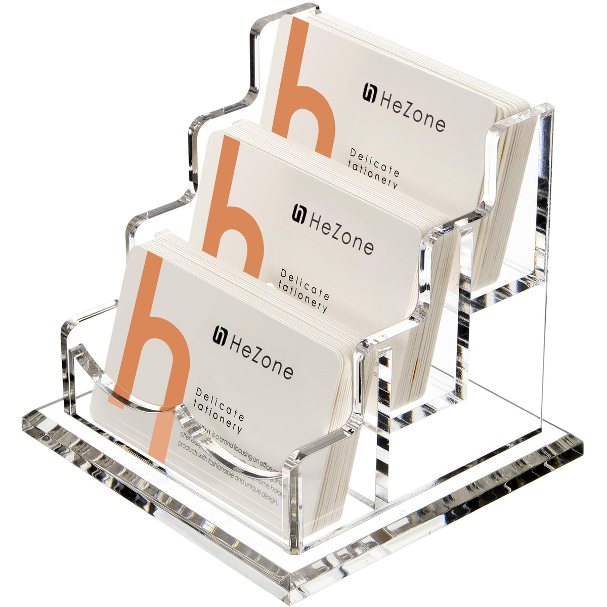 HeZone Business Card Holder for Desk 3 Slots 3 Tier, Clear Acrylic Cards Display Stand, Cards