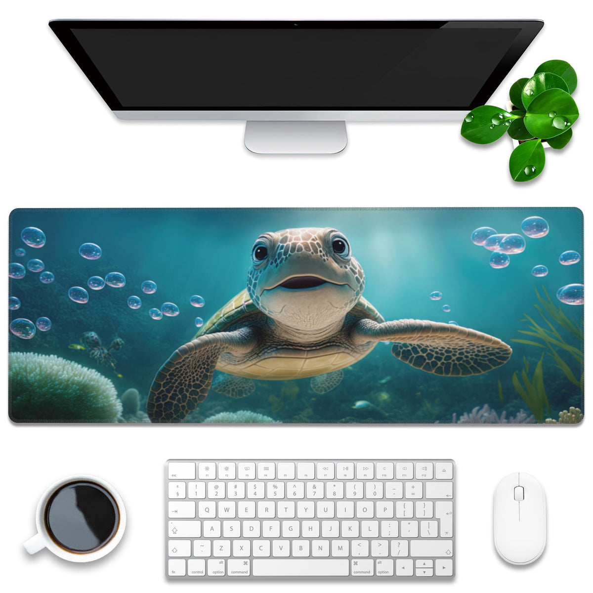 Desk Mat, Cute Turtle Smiling Under The Sea Extended Gaming Mouse Pad Large, 31.5"x11.8" Big Mouse