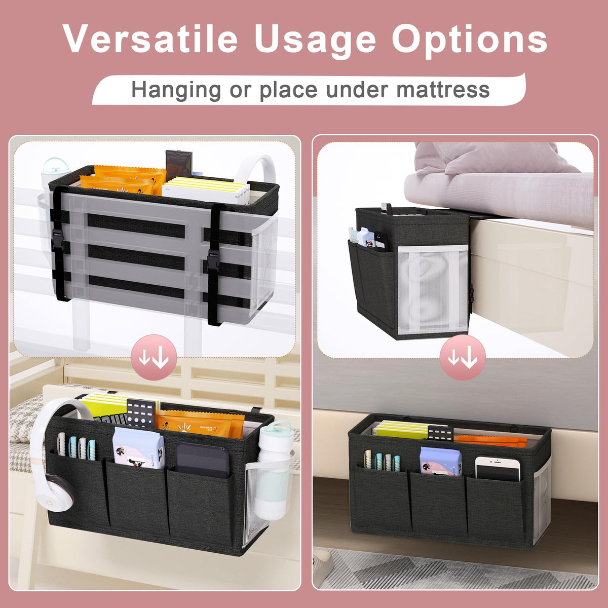 Bedside Caddy Storage Organizer for Bed Rails, Bed Caddy with 6 Pockets