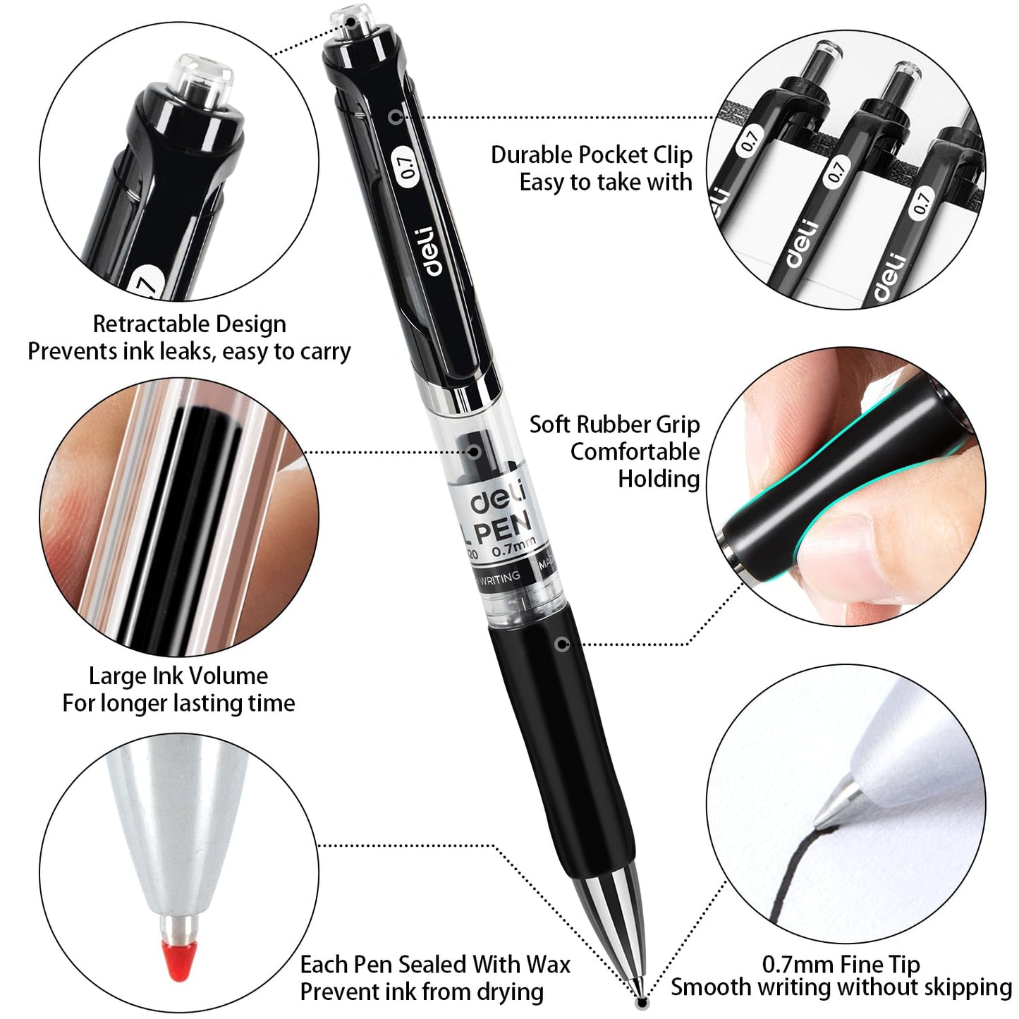 deli Gel Pens, 50 Pcs Retractable Pens Black Ink, Medium Point Pen 0.7mm