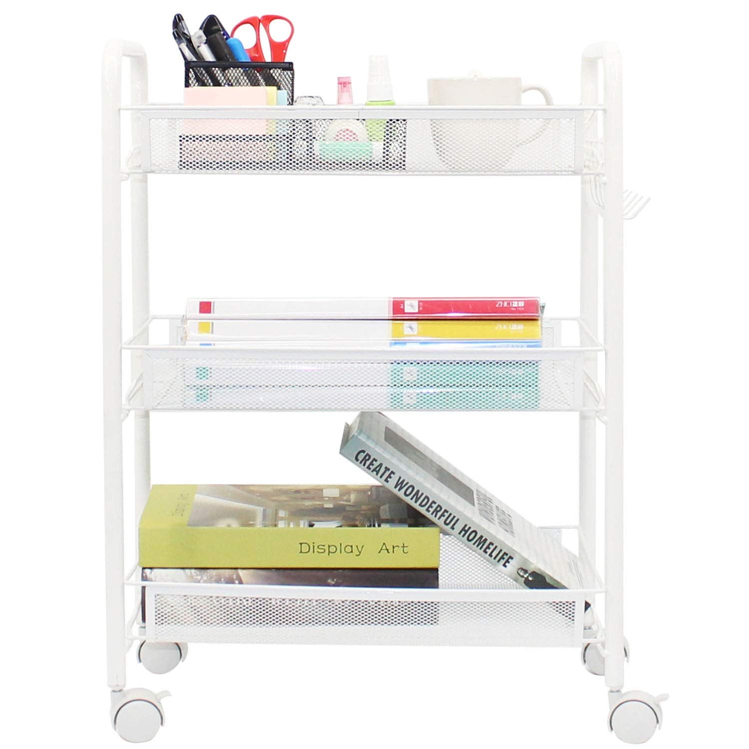 3-Tier Mesh Rolling Cart - 24.8" H Fits Under Desk Metal Cart with Wheel
