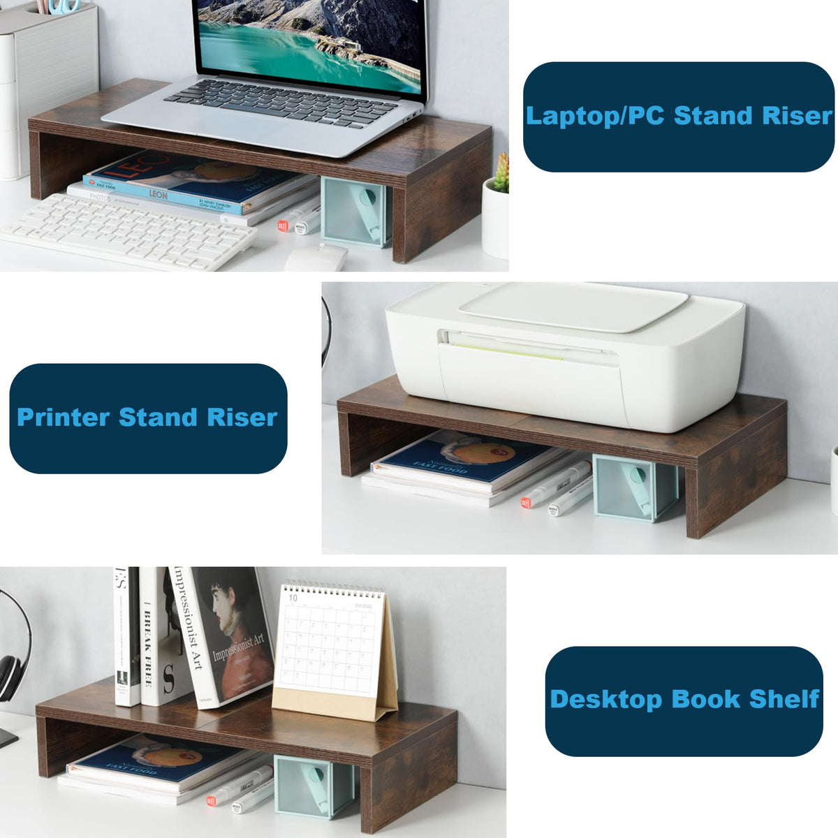 TEAMIX 20 inch Wood Monitor Stand Riser, Desktop Riser Shelf, Rustic Brown