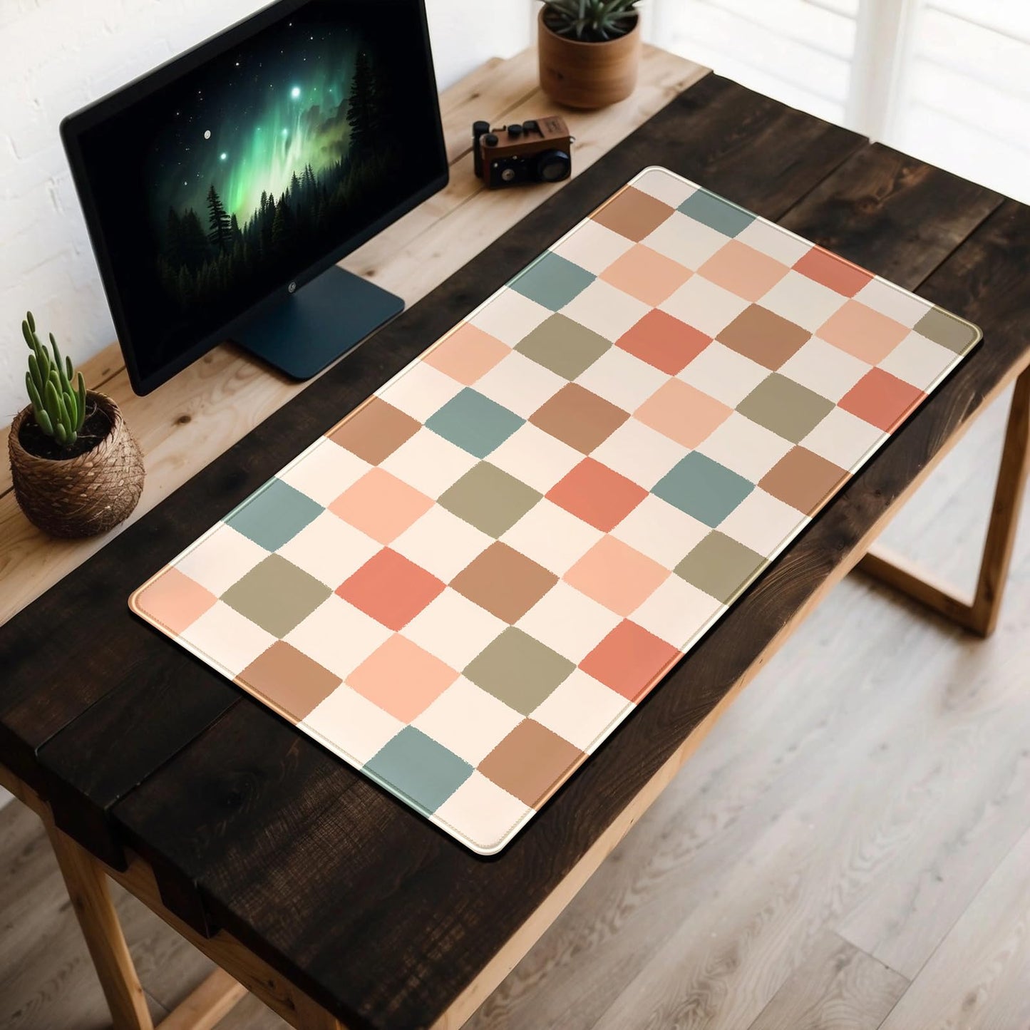 Boho Checker Desk Mat Beige Checkerboard Mouse Pad Large Aesthetic Desk Pad Extended Gaming