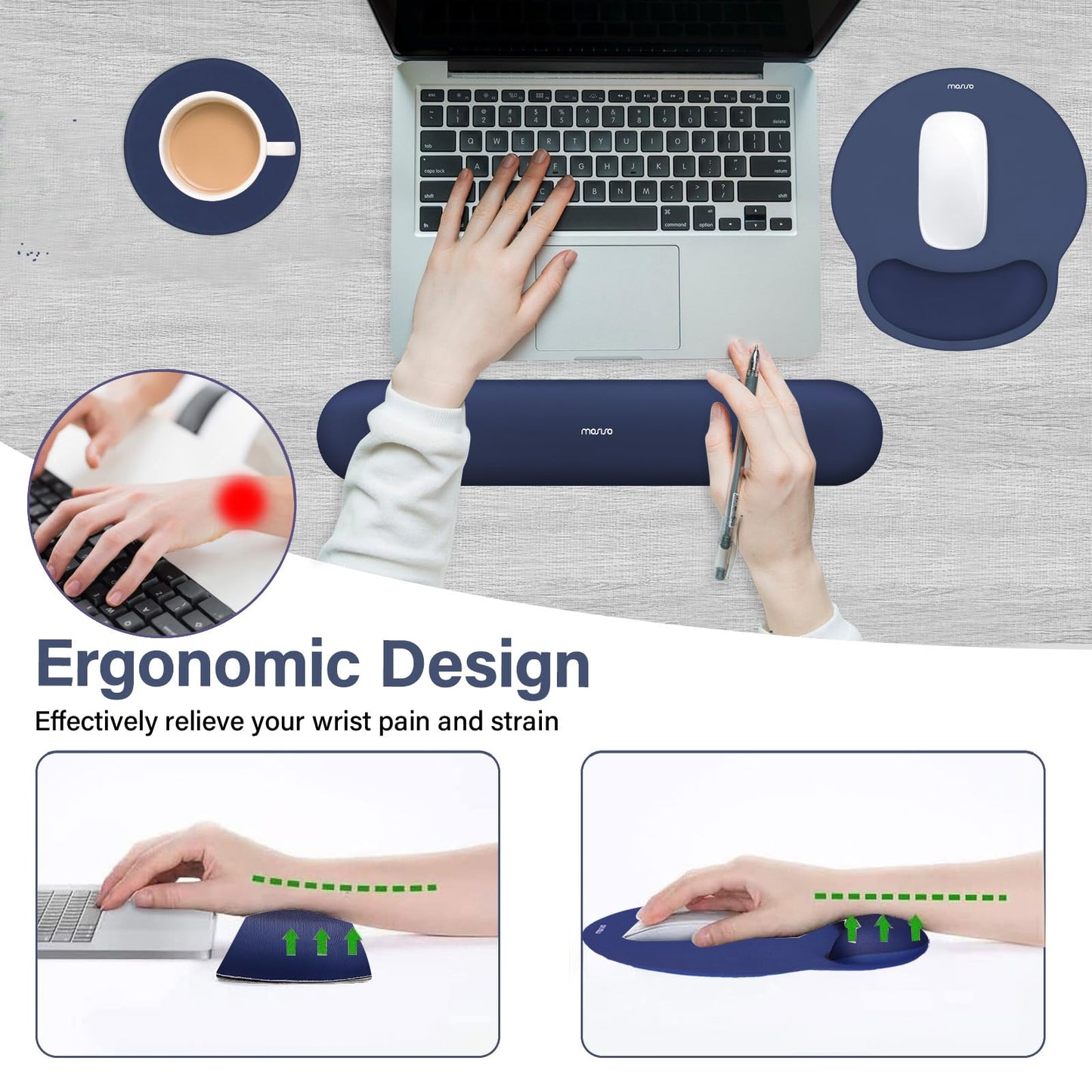 MOSISO Wrist Rest Support for Mouse Pad&Keyboard Set, Navy Blue