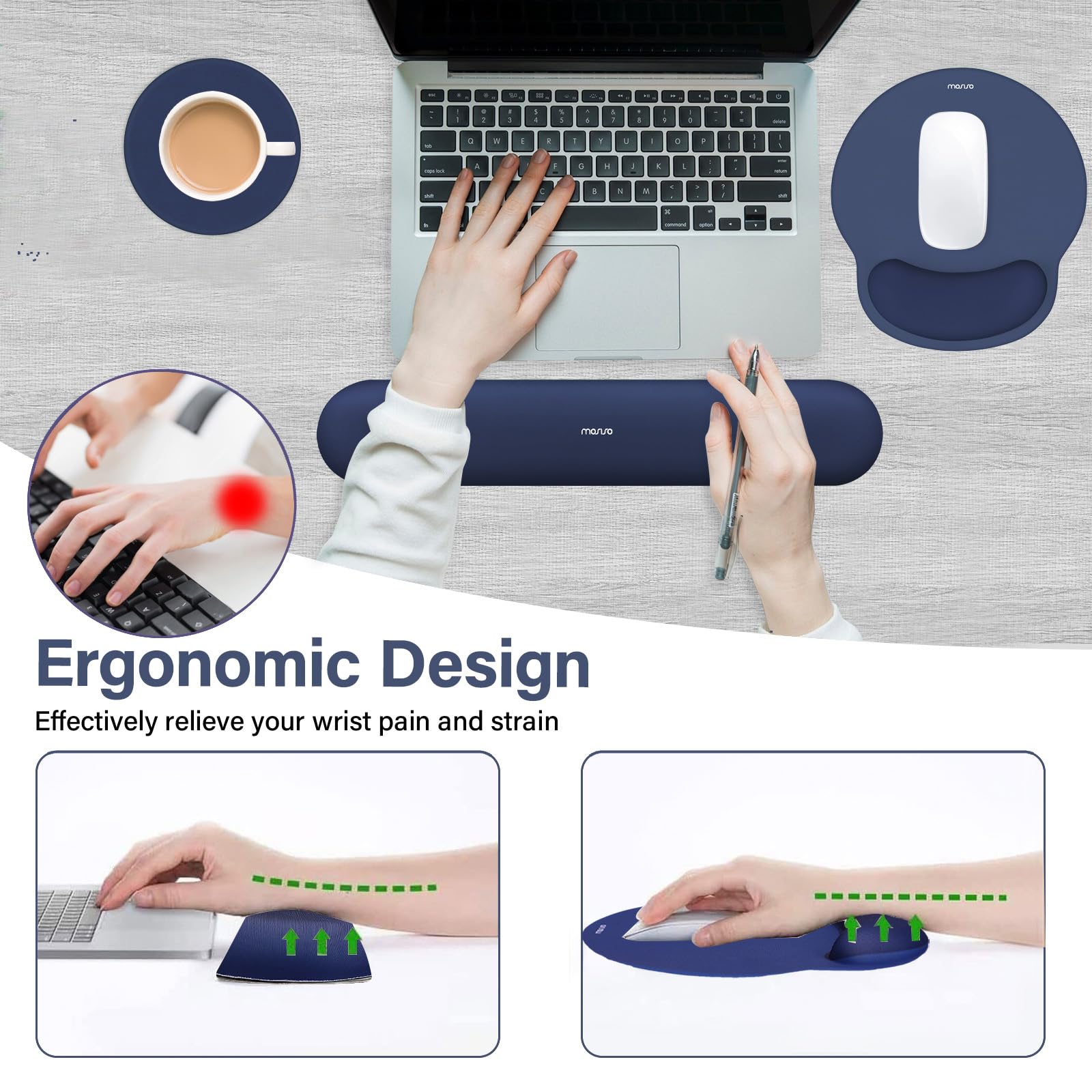 MOSISO Wrist Rest Support for Mouse Pad&Keyboard Set, Navy Blue