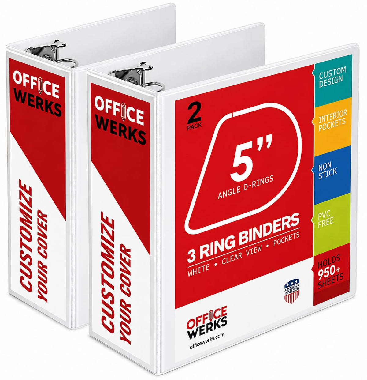 5 Inch 3 Ring Binder 2 Pack, Heavy Duty Locking D-Ring, Holds 950+ Sheets, PVC-Free, Assembled in