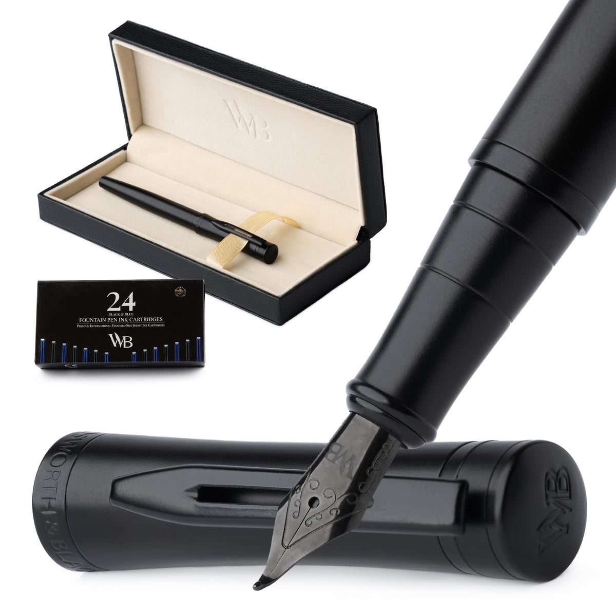 Wordsworth & Black Luxury Fountain Pen Set for Writing, Bent Nib, All Black
