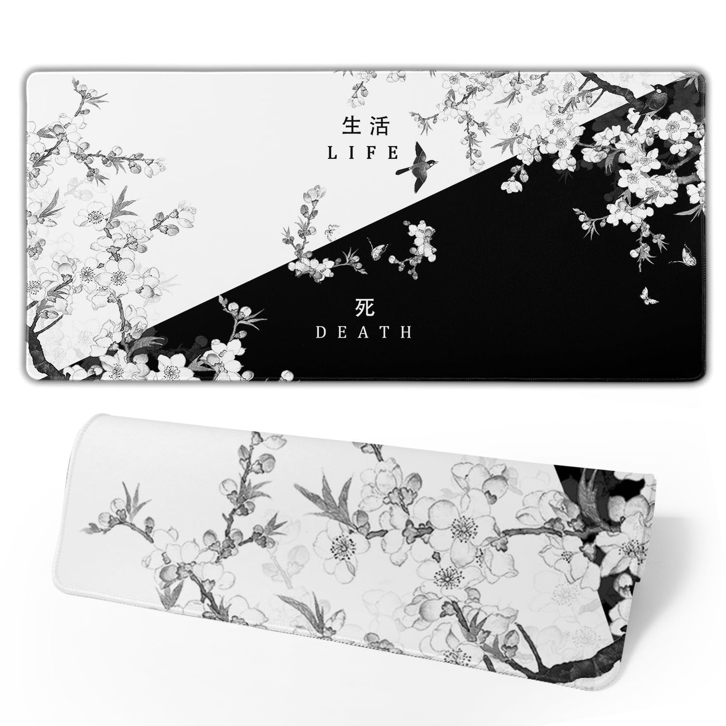 Black and White Cherry Blossom Gaming Mouse Pad XL，Large Mouse Pad Japanese Sakura Death Life Mouse