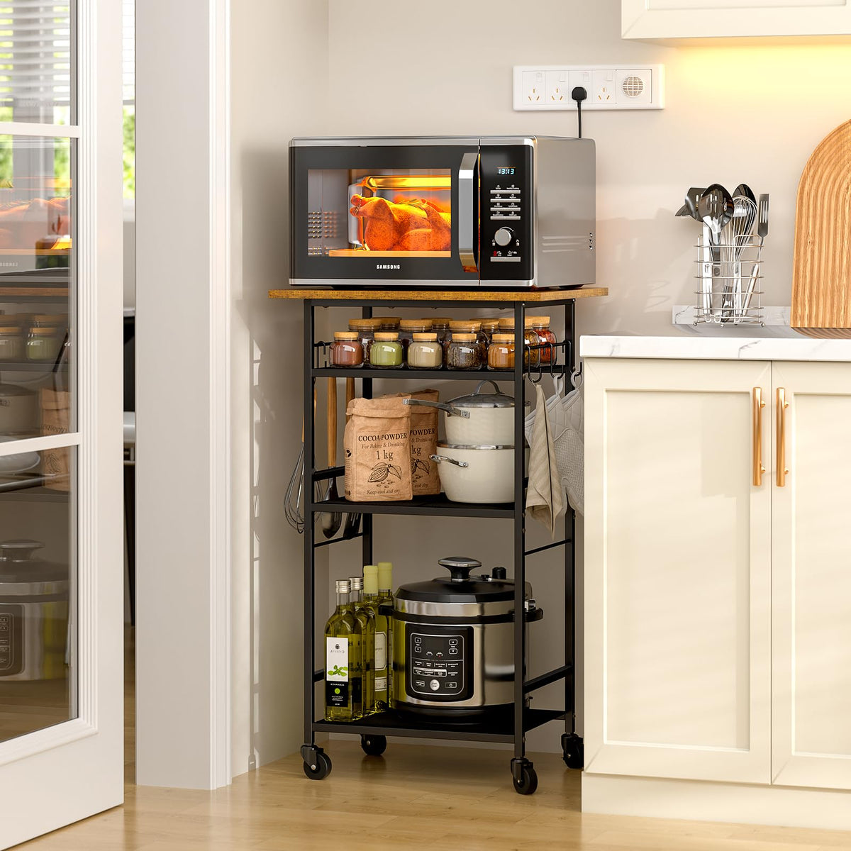 ThreeHio Rolling Kitchen Microwave Cart, 4 Tier Microwave Table Stand with Storage, Kitchen Storage