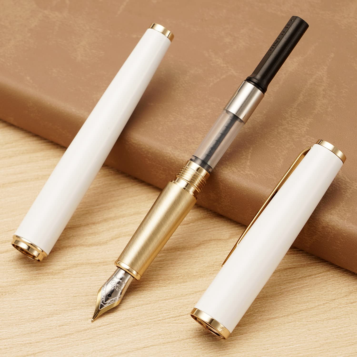 Jinhao 95 Metal Fountain Pen Extra Fine Nib, Pearl White with Golden Clip Writing Pen