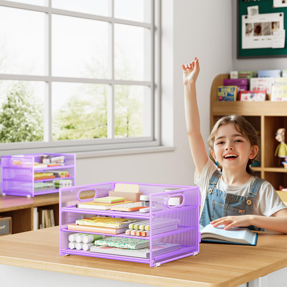 Paper Organizer with Handle,2P-3 Tier Purple Desk Organization Set