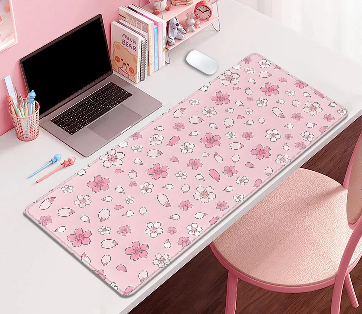 Japanese Cherry Blossoms Extended Desk Pad Mouse Pad,Large Gaming Floral Mouse Mat with Stitched