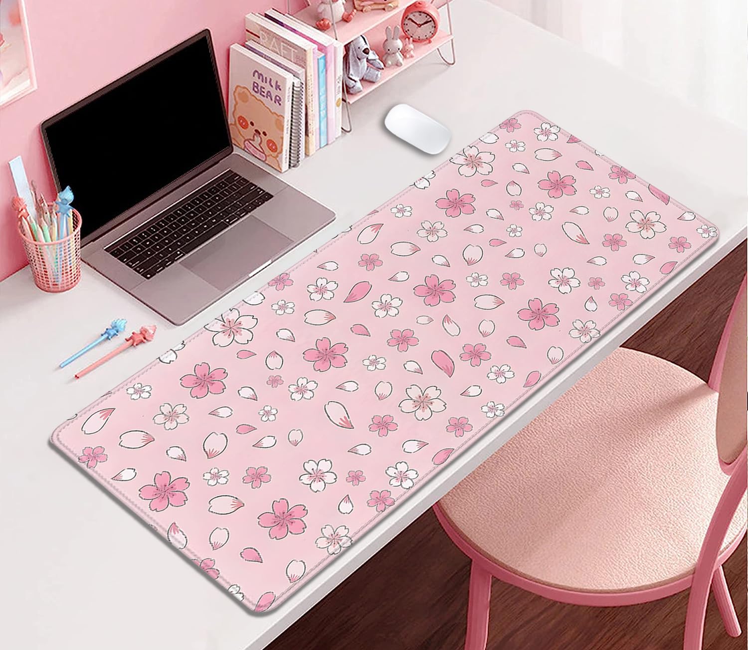Japanese Cherry Blossoms Extended Desk Pad Mouse Pad,Large Gaming Floral Mouse Mat with Stitched