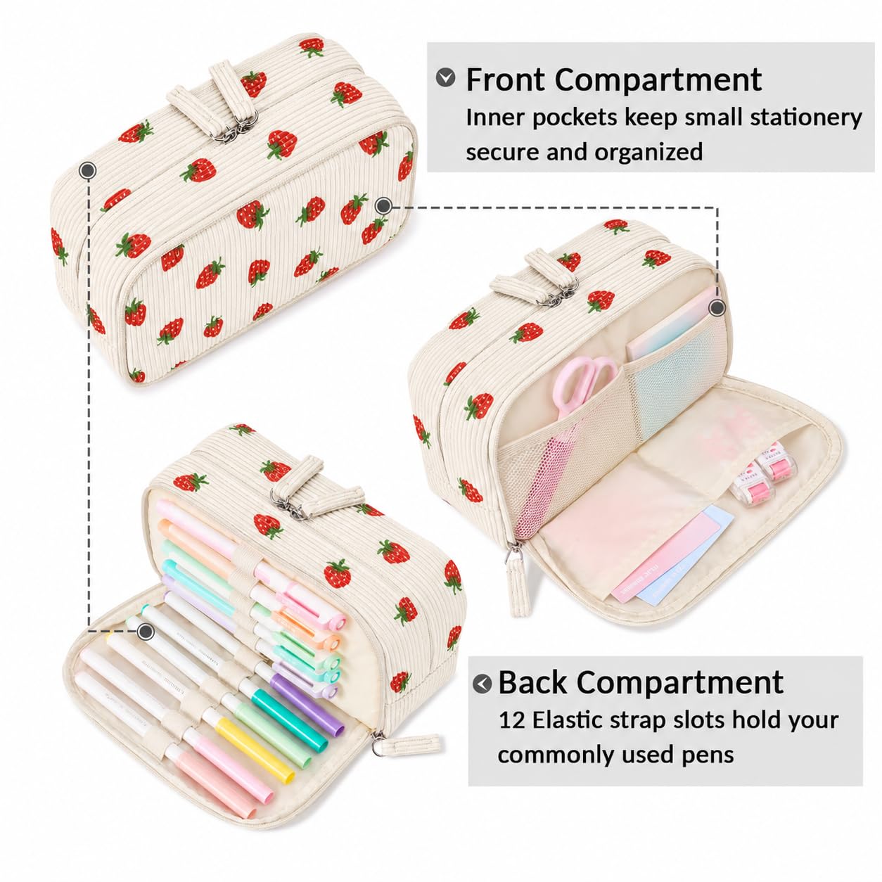 Sooez Big Capacity Pencil Case Pen Pouch, Soft Corduroy Pencil Bag with 3 Compartment, Multiple