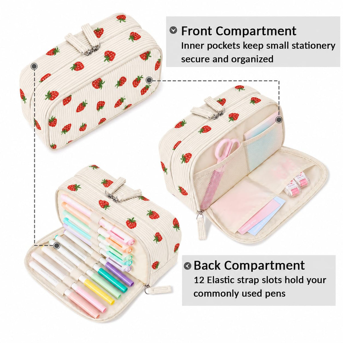 Sooez Big Capacity Pencil Case Pen Pouch, Soft Corduroy Pencil Bag with 3 Compartment, Multiple