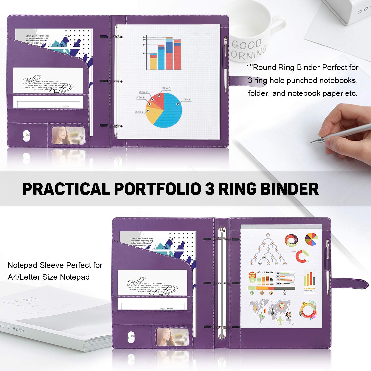 Toplive Padfolio 3 Ring Binder Organizer Business Portfolio Folder for Women, A4/ Letter Size PU