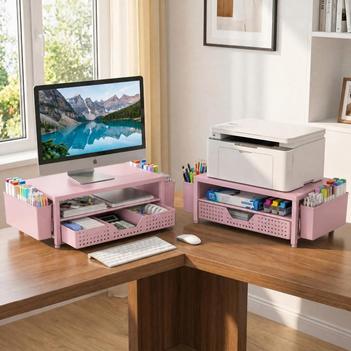 ECOLOVI Desk Organizer and Accessories, 2-Tier Computer Monitor Stand Rise with Storage Drawer & 2
