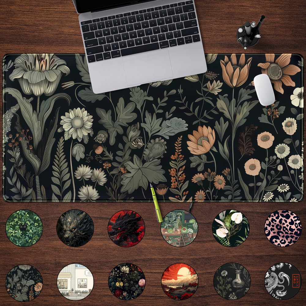 Aesthetic Vintage Dark Flower Plants Wildflowers Large Gaming Mousepad XXL Keyboard Mouse Mat Full