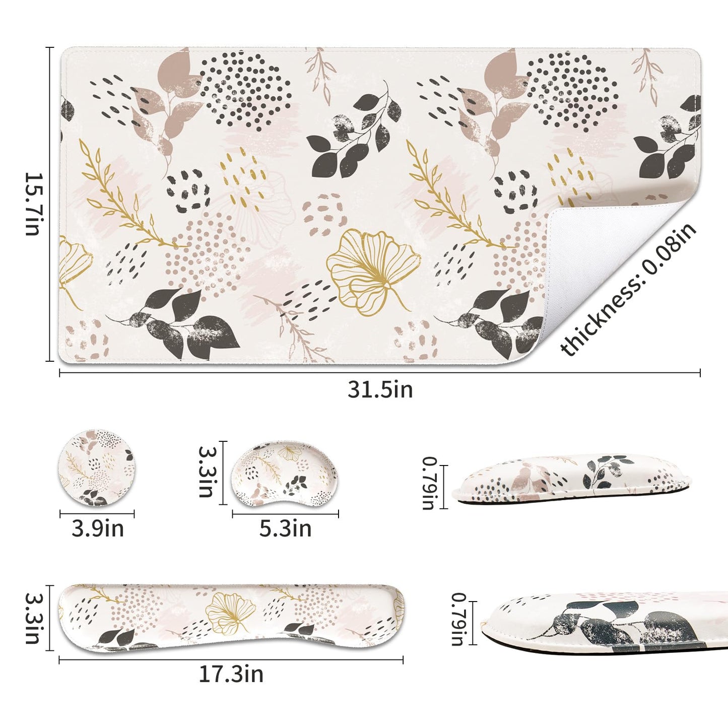 QiyI PU Leather Desk Mat Set, 4-in-1 Ergonomic Wrist Rest, Botanical Leaf
