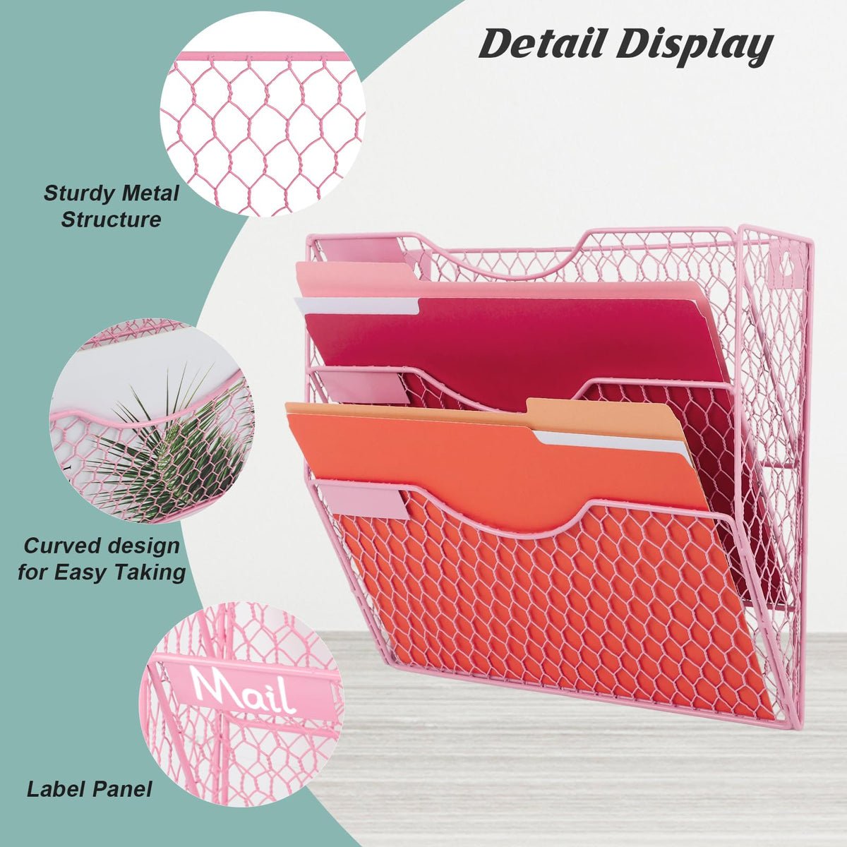 EASEPRES Mail Organizer Wall Mount Hanging File Holder Storage, Metal Chicken Wire Magazine Rack 3