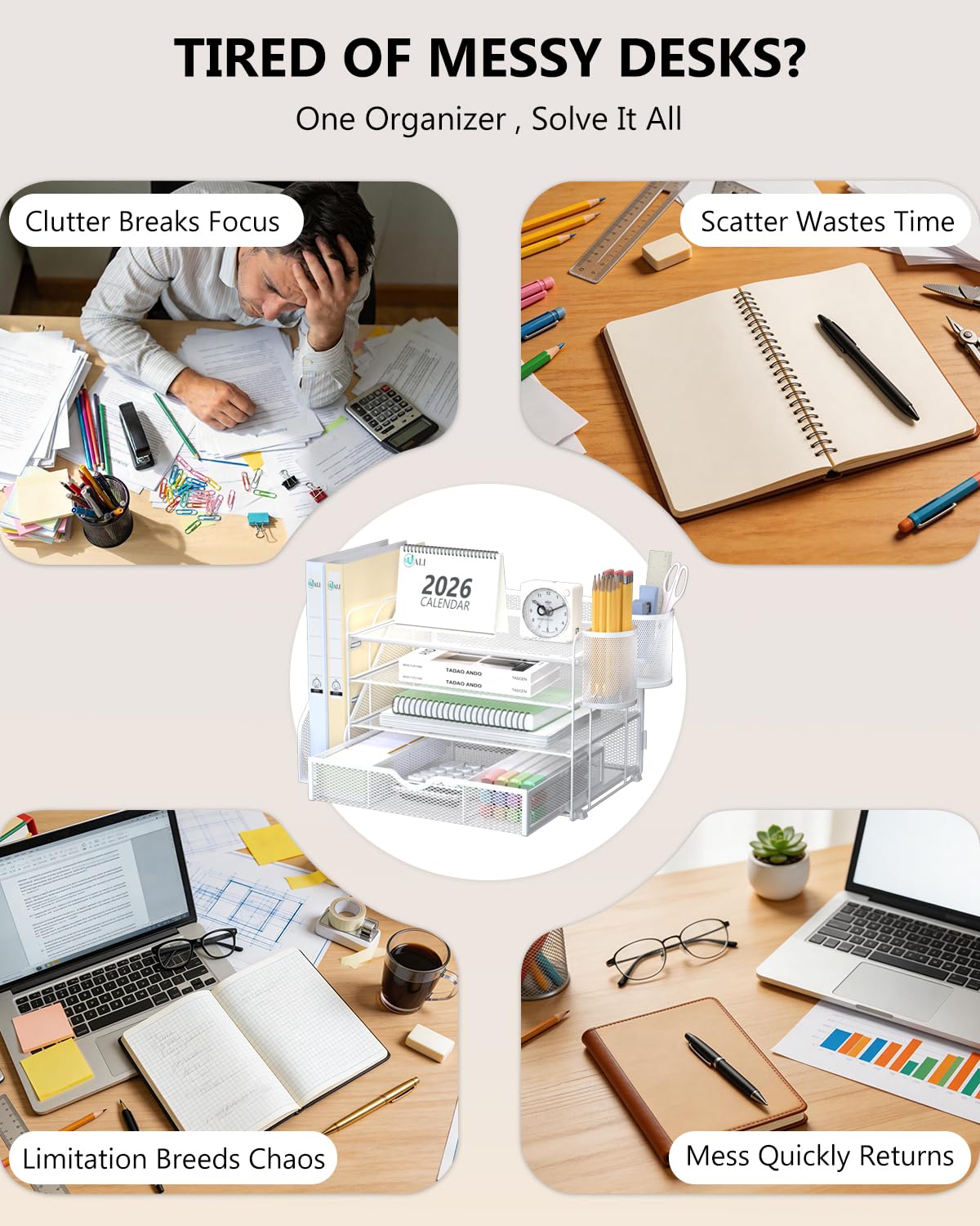 WALI Desk File Organizer, 4 Tier Desktop Paper Letter Tray Organizer with Drawer and 2 Pen Holders