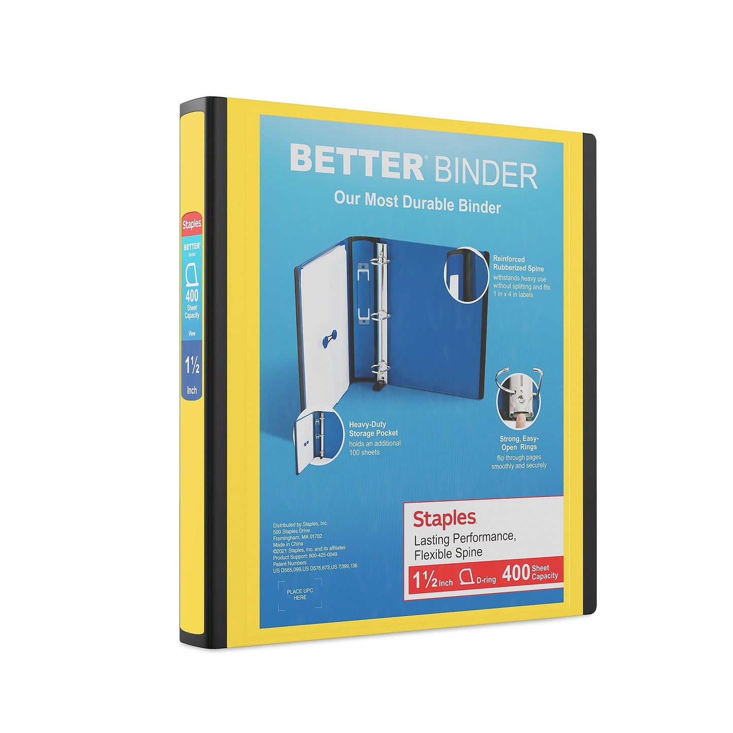Staples Better Binder, 1.5 Inch D-Ring, Yellow, 400 Sheets, 3-Pack