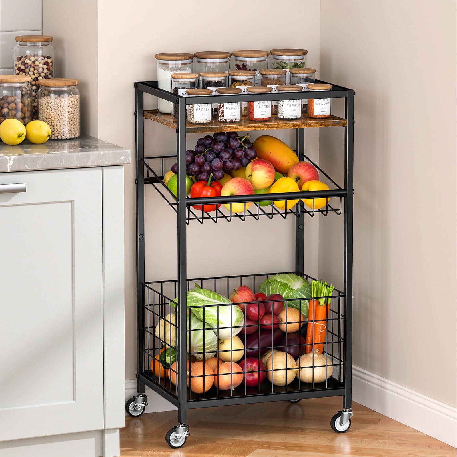 Kssiaz Fruit Vegetable Cart, 3-Tier Snack Cart on Wheels & Wood Top, Brown