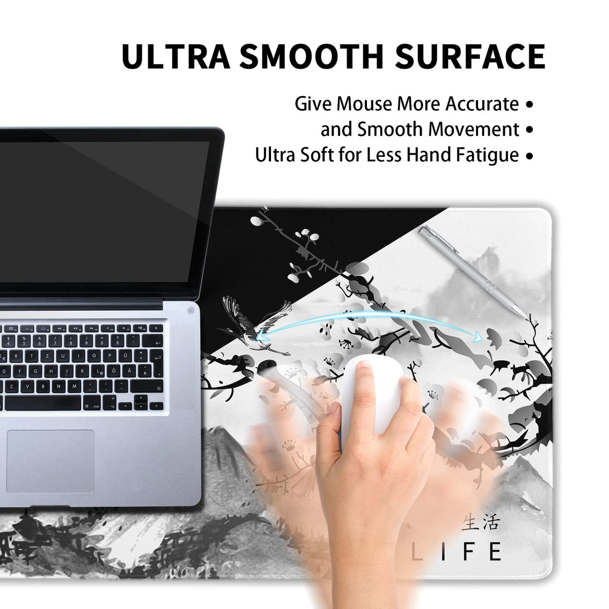 Sakura Death Life Black and White Cherry Blossom Pattern Extended Large Mouse Pad Non-Slip Rubber