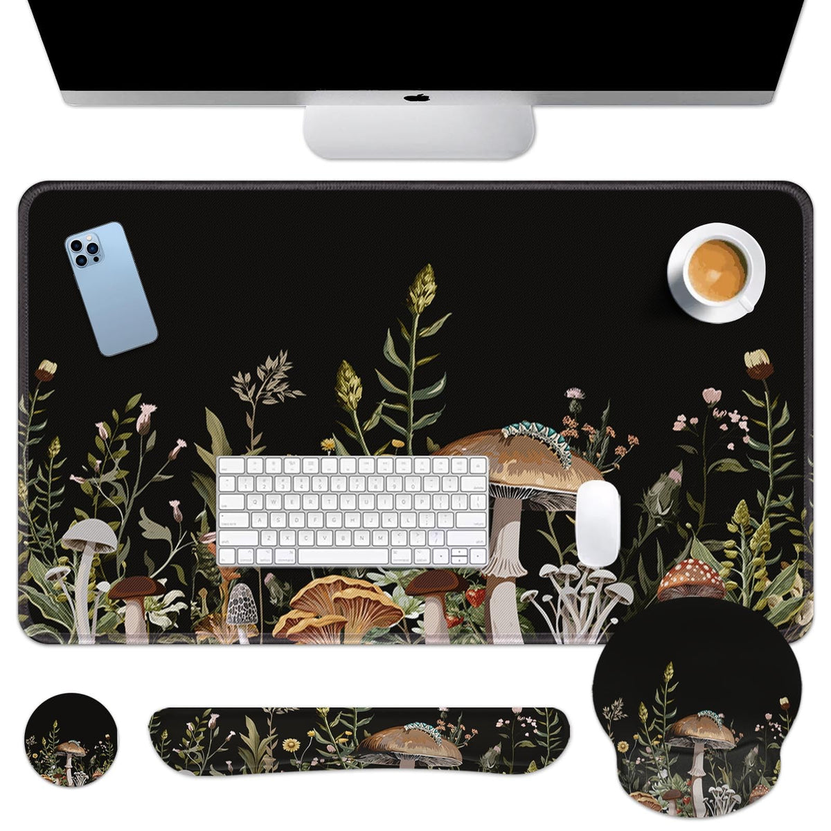 Britimes Keyboard Mouse Pad Set, 4 in 1 Desk Mat Set, Black Mushroom Flora