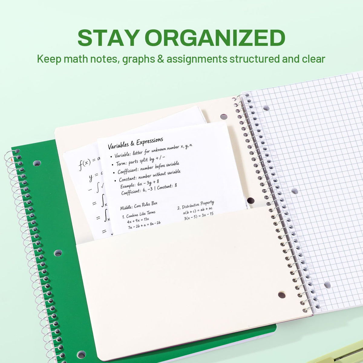 SUNEE Spiral Notebook, 1-Subject, Graph Ruled Paper, 8" x 10-1/2", 100 Sheets per Notebook, 3-Hole