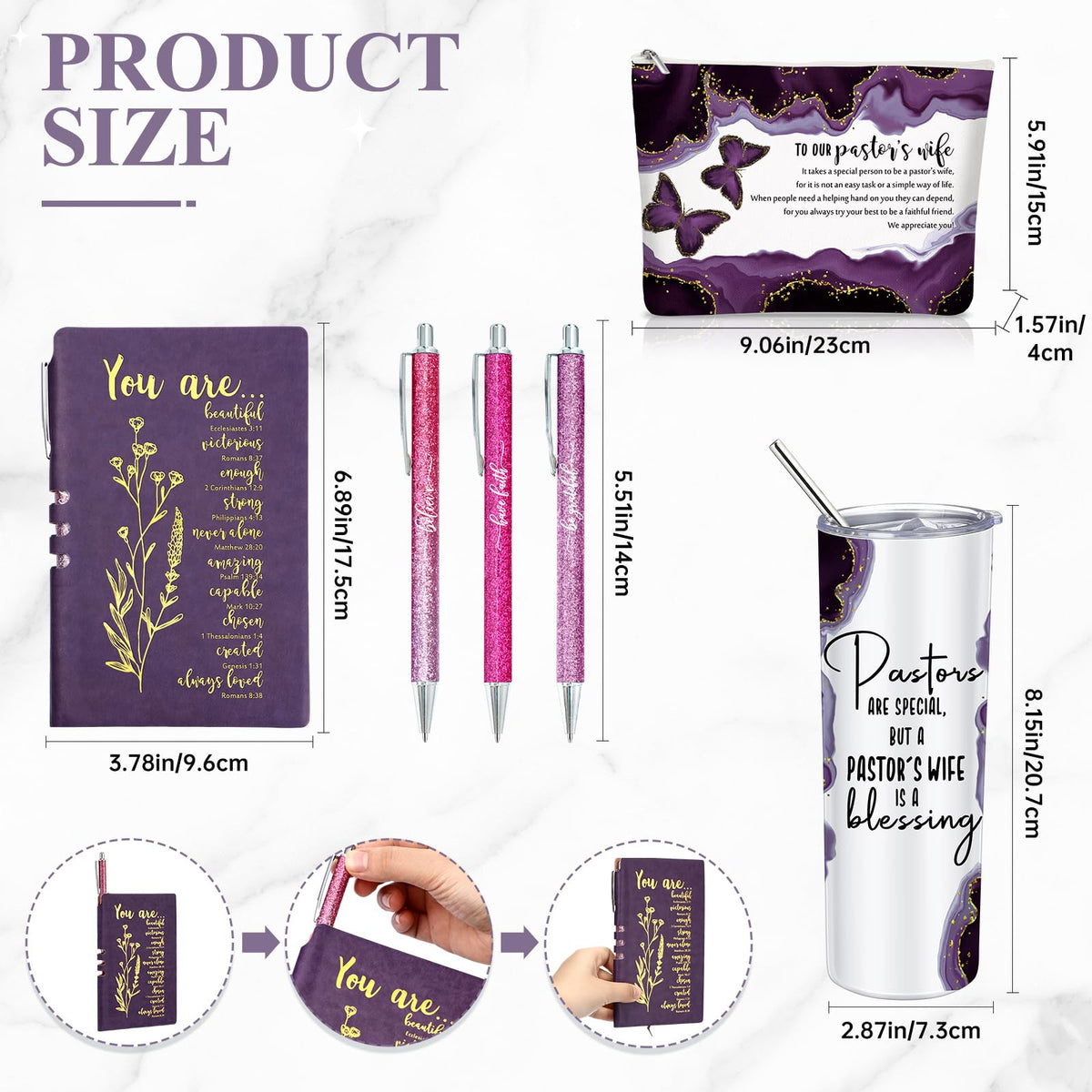 Watersay 6 Pcs Pastor's Wife Appreciation Gifts 20oz Marble Tumbler, Purple