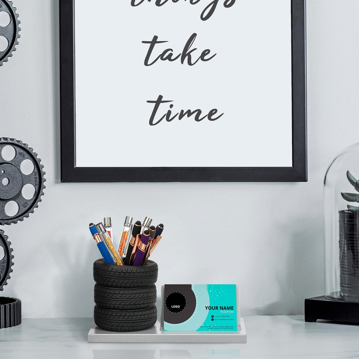Eersida Tire Pencil Pen Holder Metal Card Holder Decor, Gray, 7.5 Inch