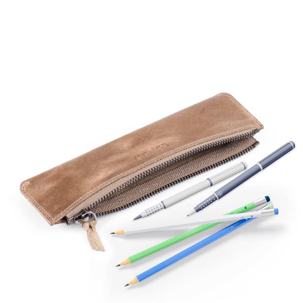 Londo Genuine Leather Pen Case with Zipper Closure, Pencil Pouch Stationery Bag