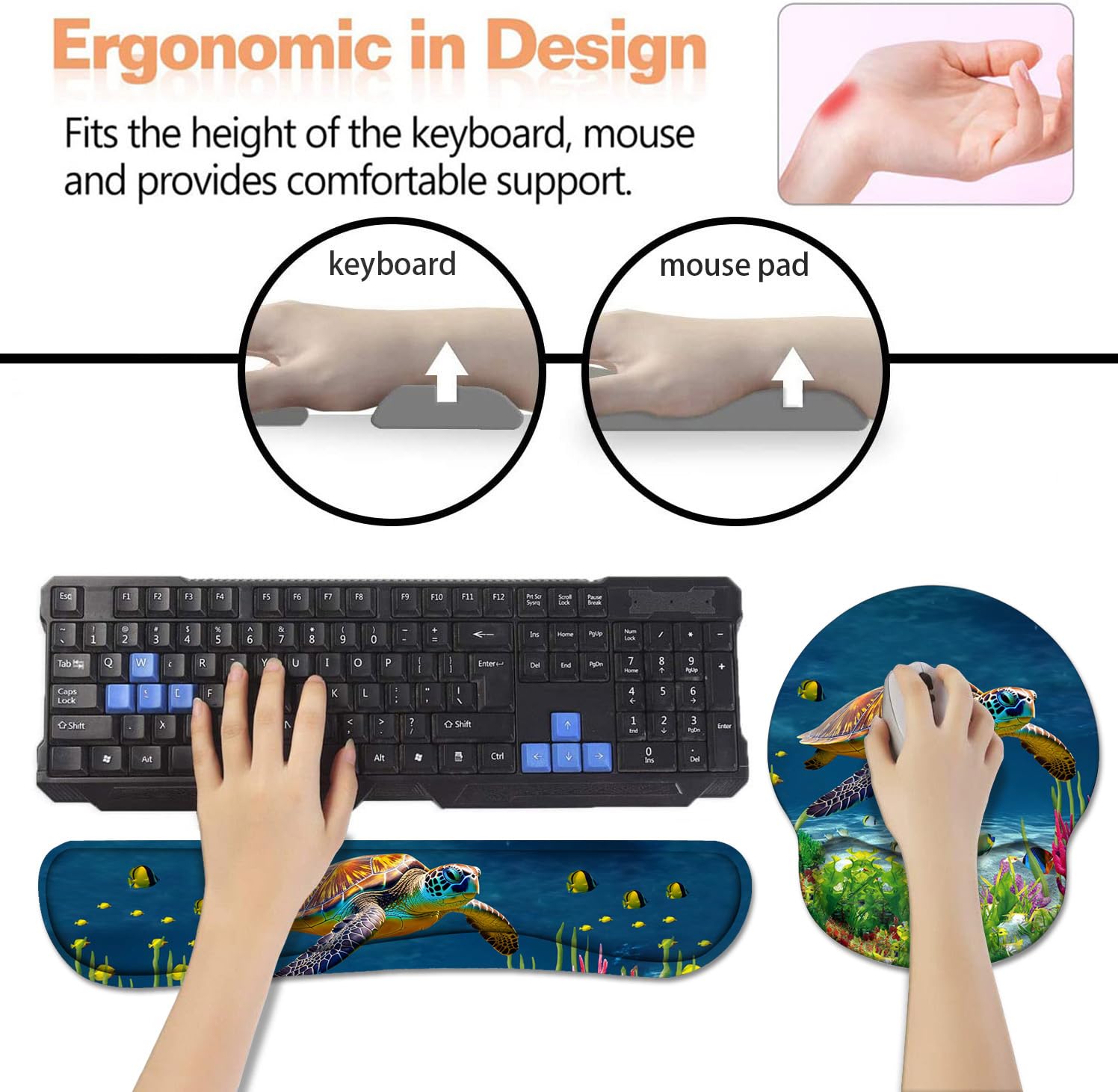 Keyboard Wrist Rest + Mouse Pad Wrist Support Set with Coasters, Non-Slip PU Base Ergonomic