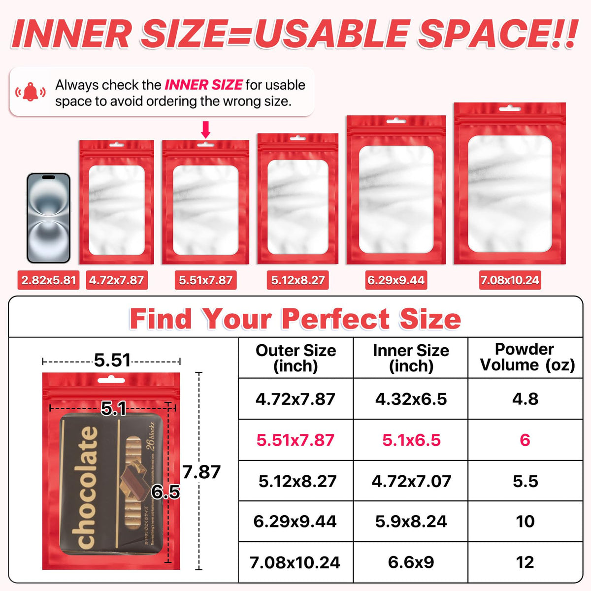 ANZNKU 100Pcs Red Mylar Bags, Resealable Smell Proof Zip Goodie Baggies