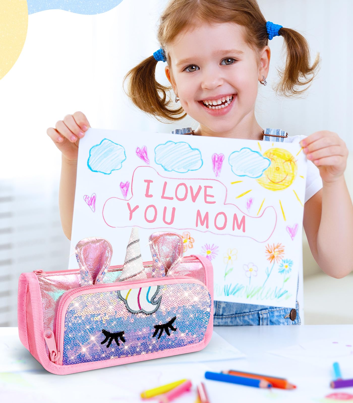 LISEVO Cute Pencil Case, 3D Pencil Pouch for Girls Kids, Sparkly Pencil Bag with Sequins for