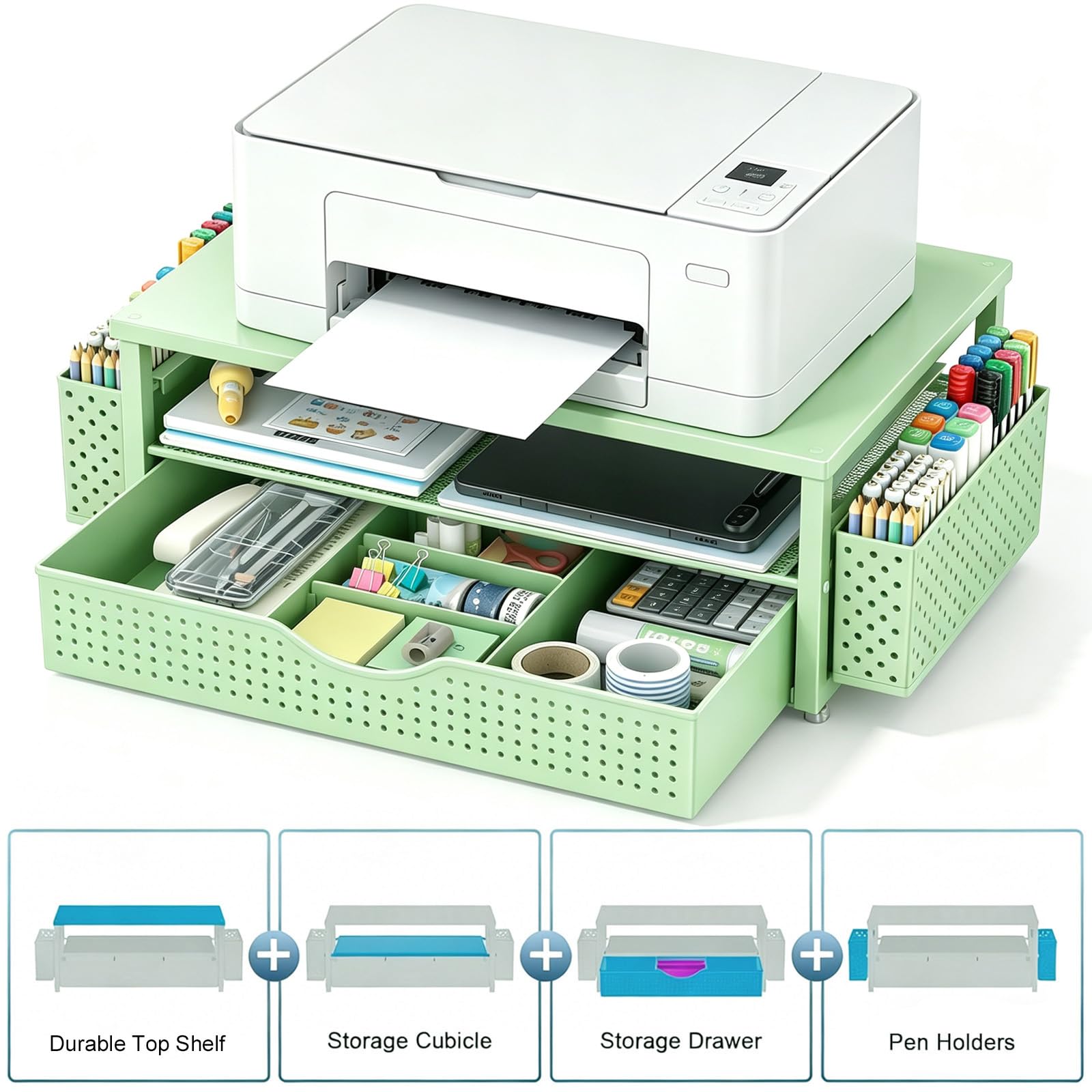 Desk Organizers and Accessories, Printer Stand with Storage, Sage Green
