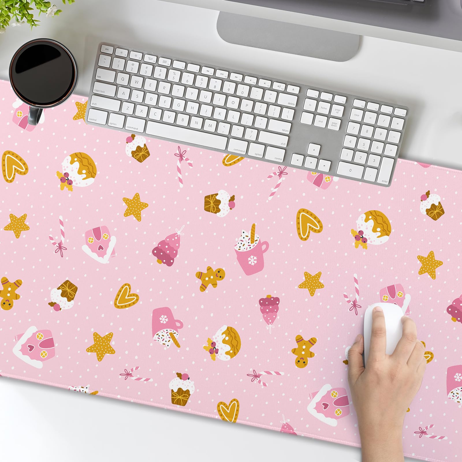 Pink Christmas Gaming Mouse Pad XXL Cute Kawaii Cupcake Gingerbread Extended Big Large Desk Mat