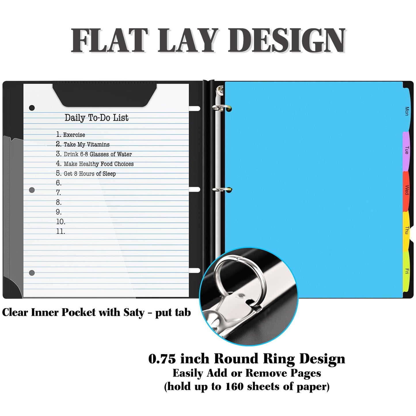 INFUN Telescoping 3 Ring Binder -4PCS-Black, Flexible Round Binder with Customizable Front Cover