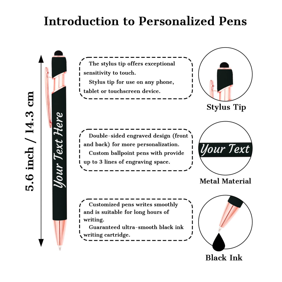 LMJUEJIN Personalized Pens with Name or Logo - Black Ink - 12 pcs Metal Custom Ballpoint Pen with