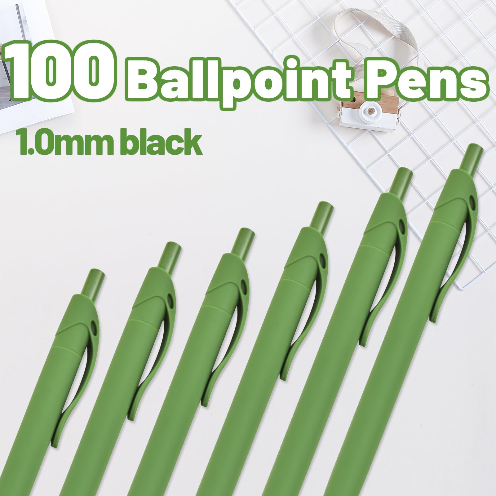 Wiaziert BallPoint Pens, 100 Pack (BLACK Ink),Bulk Pens, Green Barrel,Click Pens for Office Home