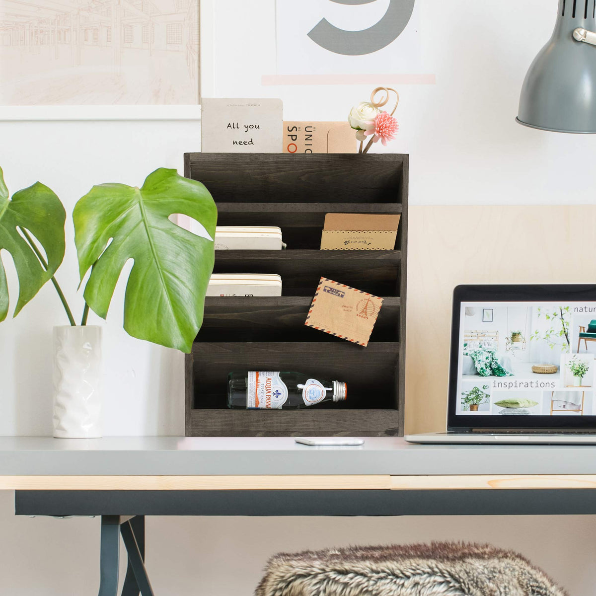 Vintage Rustic Wooden 5 Slot Office Desk or Distressed Torched Wood Wall Mounted Hanging Document
