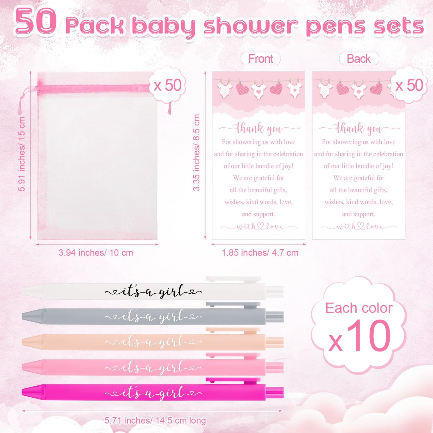 Chuangdi 50 Pack It's a Girl Party Baby Shower Pens Favors for Guests, Pink Gender Reveal Party