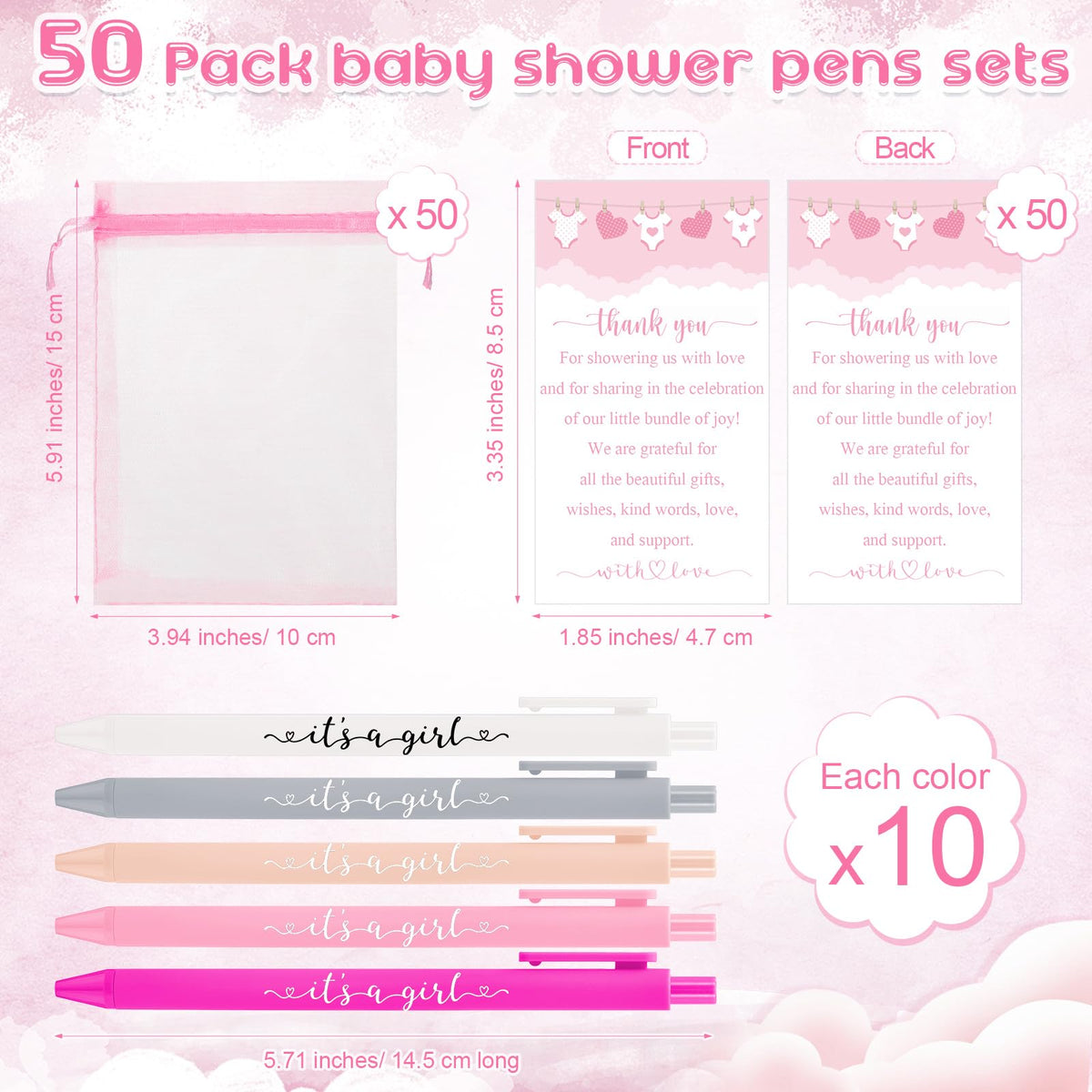 Chuangdi 50 Pack It's a Girl Party Baby Shower Pens Favors for Guests, Pink Gender Reveal Party