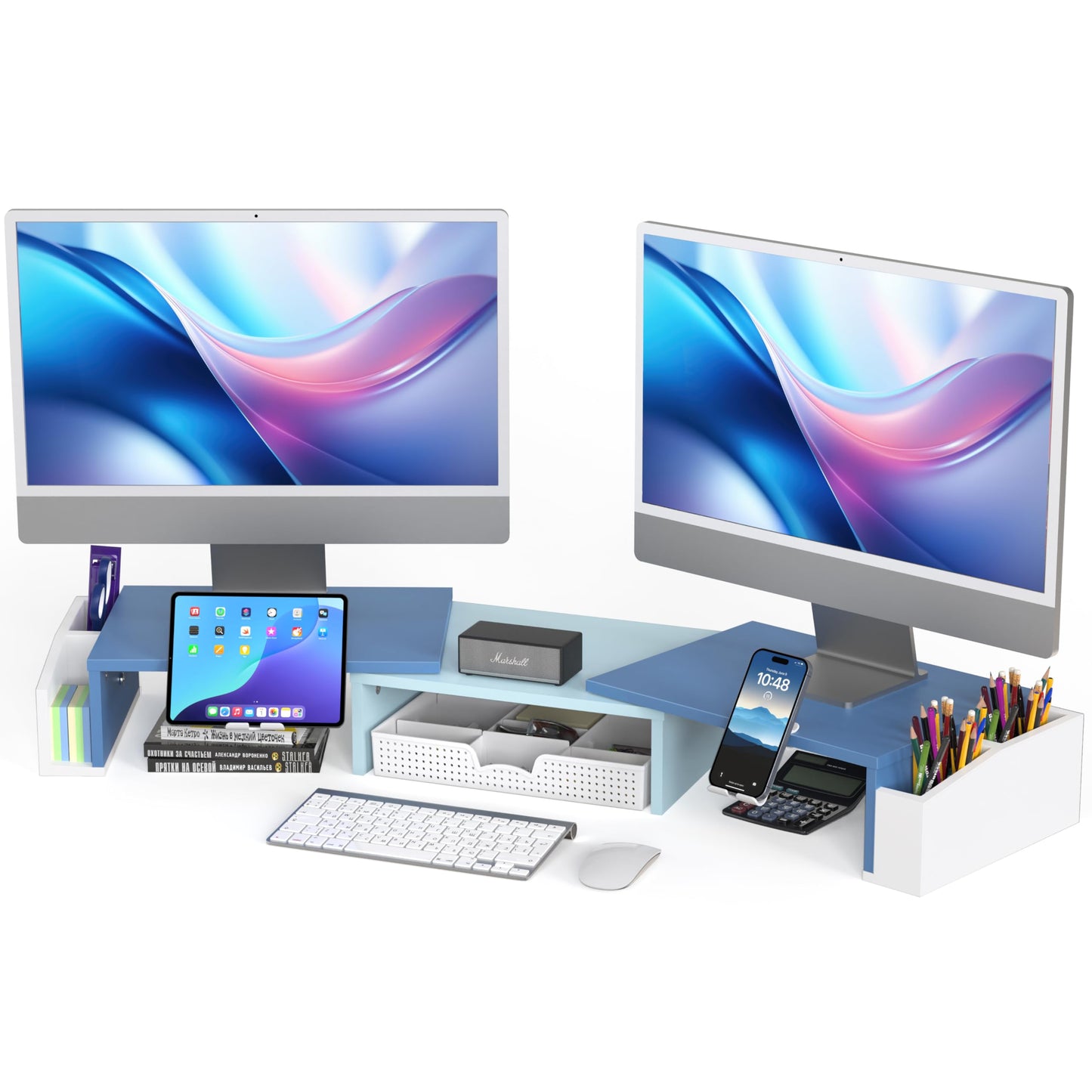 Simple Houseware Desk Dual Monitor Stand Riser with Drawer, Blue